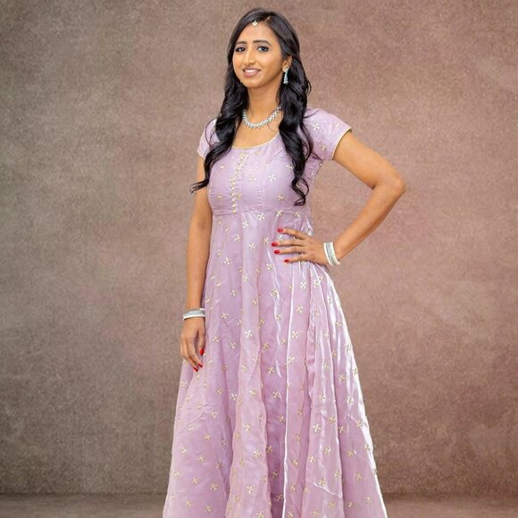 Lavender Organza Anarkali with Gold Work | Muvvas Boutique - Picture 1 of 14